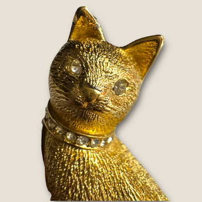 Vintage Christian Dior Couture Gold Cat Brooch with Crystal Accents – Signed Designer Statement Jewelry