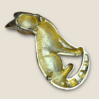 Vintage Christian Dior Couture Gold Cat Brooch with Crystal Accents – Signed Designer Statement Jewelry