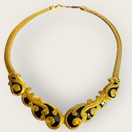 Vintage Christian Dior Couture Gold & Black Enamel Choker Necklace – Signed 1980s Designer Statement Jewelry