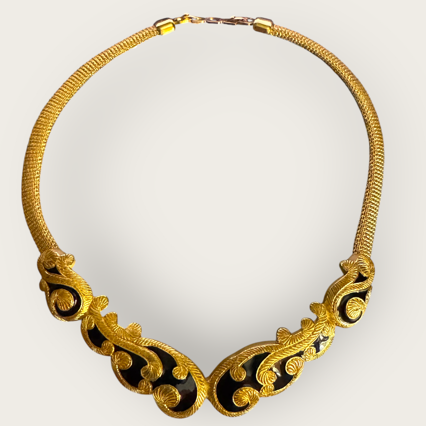 Vintage Christian Dior Couture Gold & Black Enamel Choker Necklace – Signed 1980s Designer Statement Jewelry