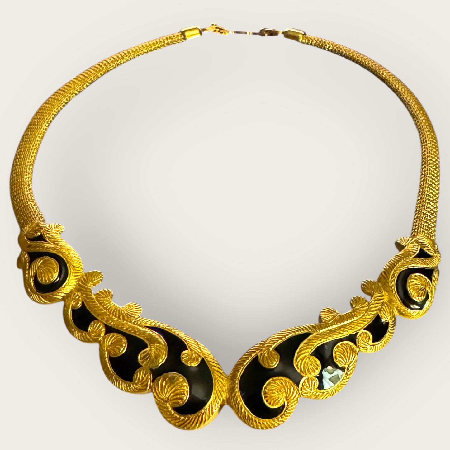 Vintage Christian Dior Couture Gold & Black Enamel Choker Necklace – Signed 1980s Designer Statement Jewelry