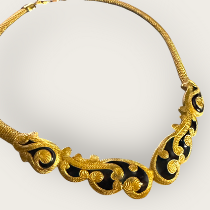 Vintage Christian Dior Couture Gold & Black Enamel Choker Necklace – Signed 1980s Designer Statement Jewelry