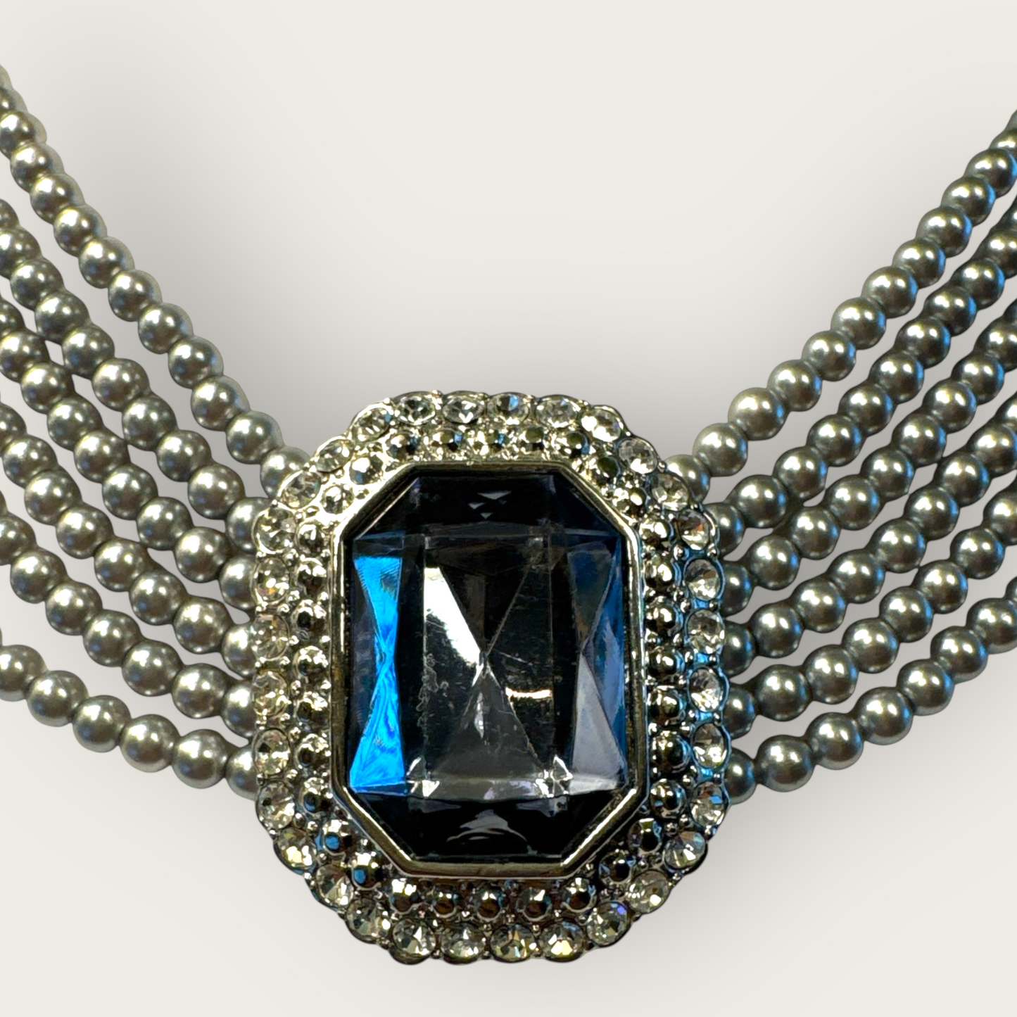Vintage Six-Strand Gray Glass Pearl Necklace with Large Cushion-Cut Glass Centerpiece & Crystal Rhinestones