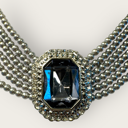 Vintage Six-Strand Gray Glass Pearl Necklace with Large Cushion-Cut Glass Centerpiece & Crystal Rhinestones