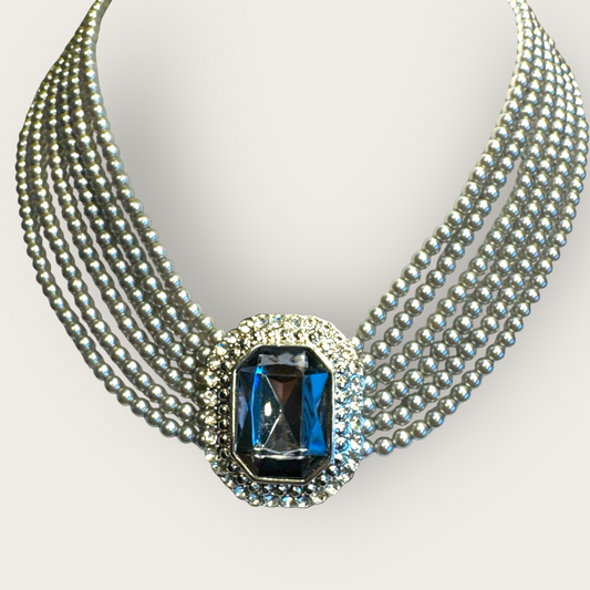 Vintage Six-Strand Gray Glass Pearl Necklace with Large Cushion-Cut Glass Centerpiece & Crystal Rhinestones