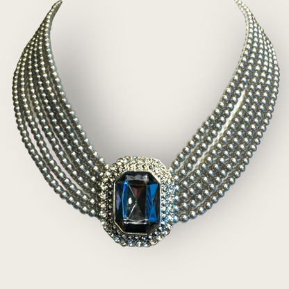 Vintage Six-Strand Gray Glass Pearl Necklace with Large Cushion-Cut Glass Centerpiece & Crystal Rhinestones