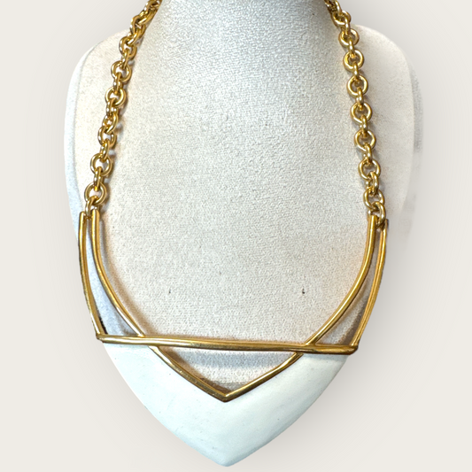 Vintage Monet Oversized Cream Enamel & Gold-Tone Statement Necklace – 1980s Designer Signed