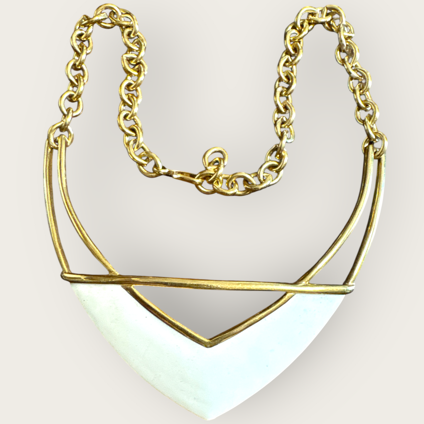 Vintage Monet Oversized Cream Enamel & Gold-Tone Statement Necklace – 1980s Designer Signed