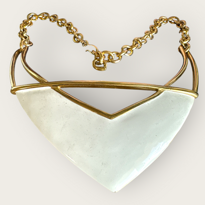 Vintage Monet Oversized Cream Enamel & Gold-Tone Statement Necklace – 1980s Designer Signed