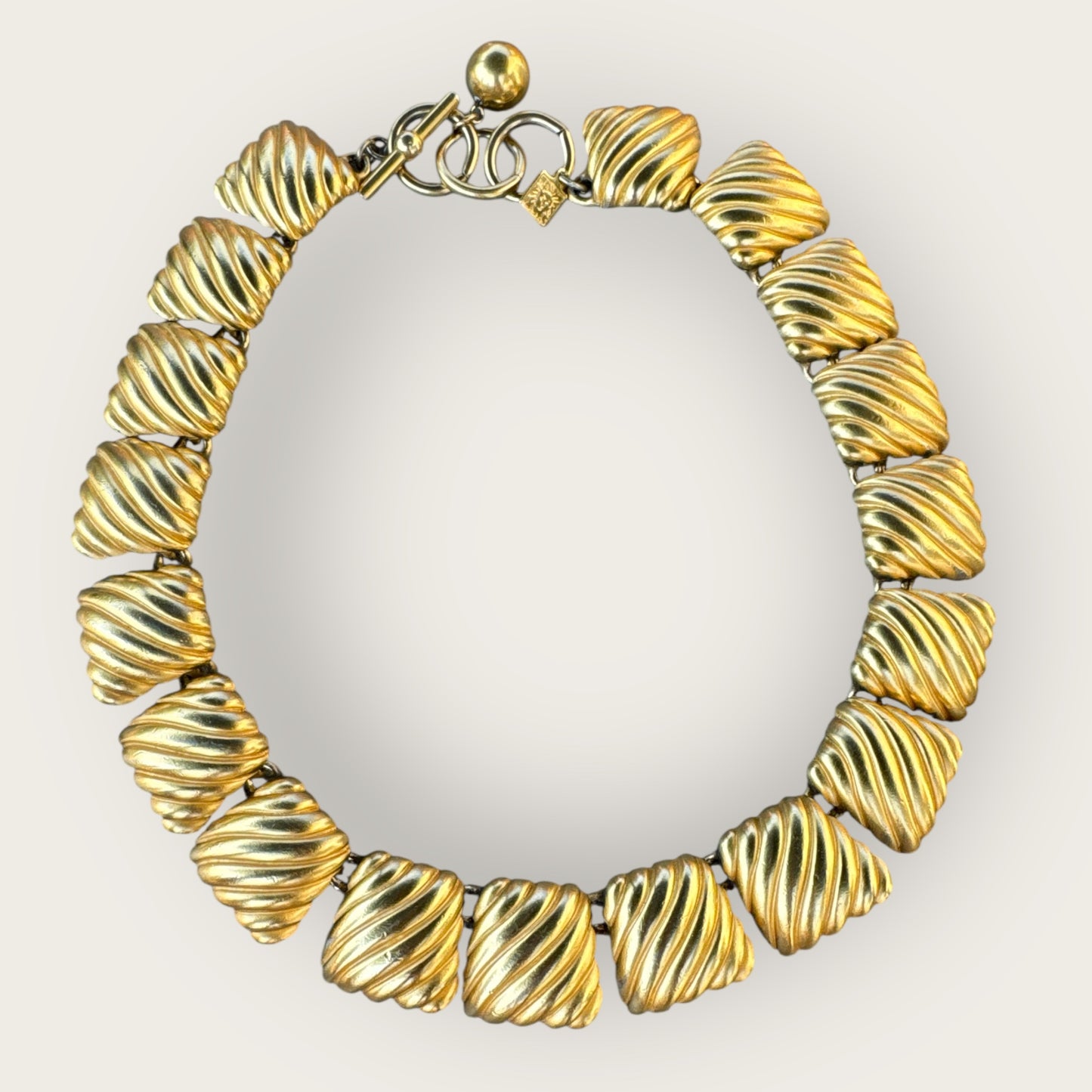 Vintage Anne Klein Chunky Matte Gold Geometric Collar Necklace – Signed Toggle Clasp, 1980s