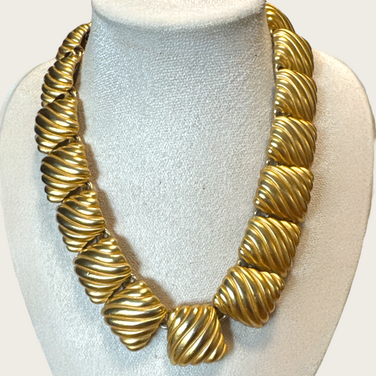 Vintage Anne Klein Chunky Matte Gold Geometric Collar Necklace – Signed Toggle Clasp, 1980s