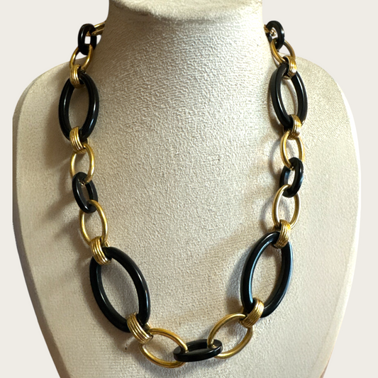Vintage Monet Black Link and Gold-Tone Chain Necklace – Signed