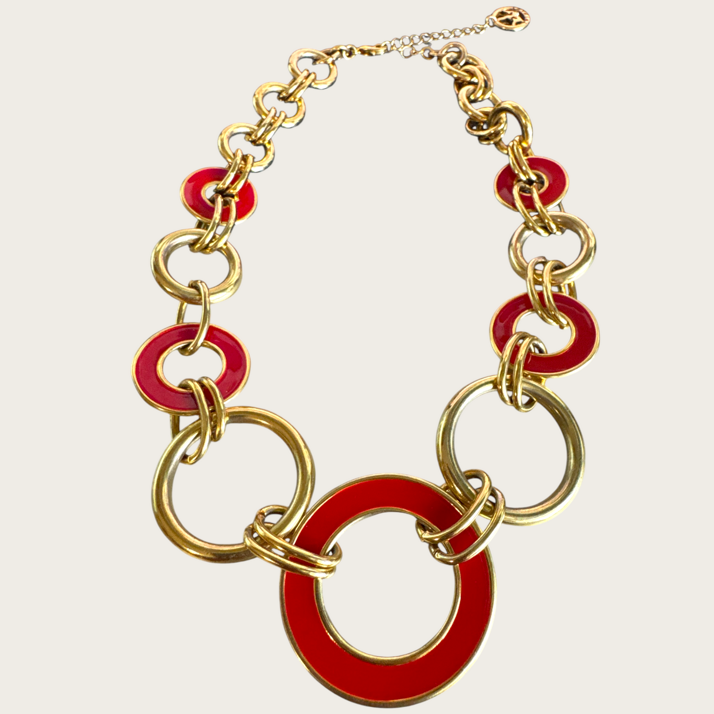 Vintage Crown Trifari Red Enamel and Gold-Tone Circle Necklace – Signed 1980s Statement Jewelry