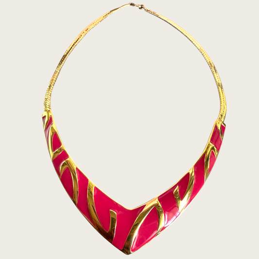 Vintage Trifari Fuchsia Pink Enamel and Gold-Tone Chevron Choker Necklace – Signed 1980s Safari Statement Jewelry