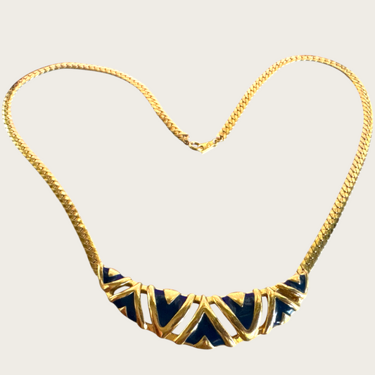 Vintage Monet Navy Blue Enamel and Gold-Tone Chevron Bar Necklace – 1980s Statement Jewelry