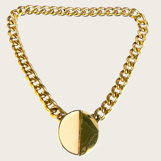 Vintage Monet Gold-Tone Chunky Chain Necklace with Two-Tone Medallion – Signed 1980s Statement Jewelry