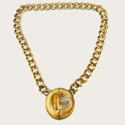 Vintage Monet Gold-Tone Chunky Chain Necklace with Two-Tone Medallion – Signed 1980s Statement Jewelry