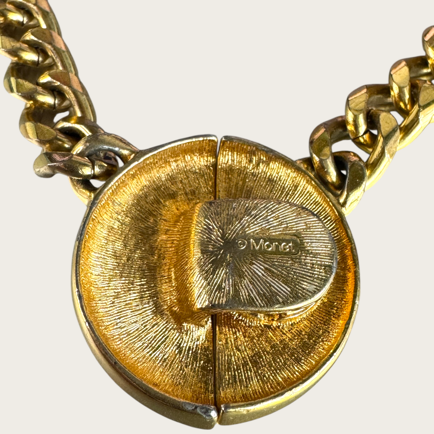 Vintage Monet Gold-Tone Chunky Chain Necklace with Two-Tone Medallion – Signed 1980s Statement Jewelry