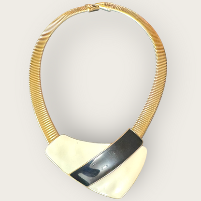 Vintage Trifari Omega Necklace – Cream & Black Enamel Bar on Gold Tone, Signed