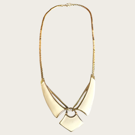 Vintage Trifari Cream Enamel Articulated Chevron Necklace – Bold Gold Tone Collar
