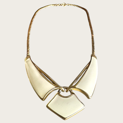 Vintage Trifari Cream Enamel Articulated Chevron Necklace – Bold Gold Tone Collar