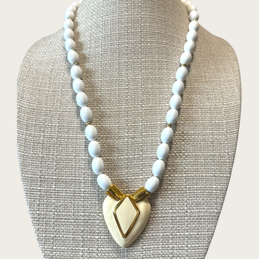 Vintage Napier White Lucite Bead Necklace with Cream and Gold Heart Pendant – Patent Pending