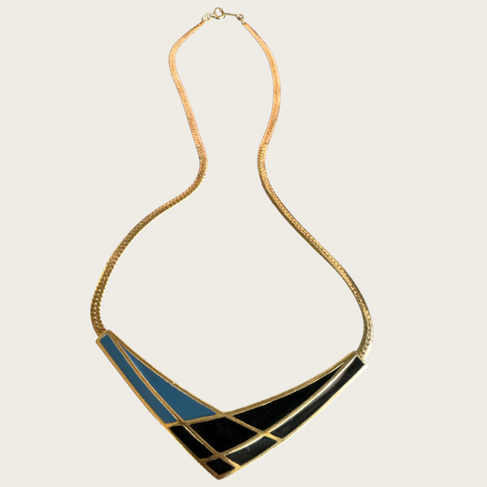 Vintage Avon Black and Slate Blue Enamel Chevron Necklace – Signed 1980s Gold-Tone Statement Jewelry