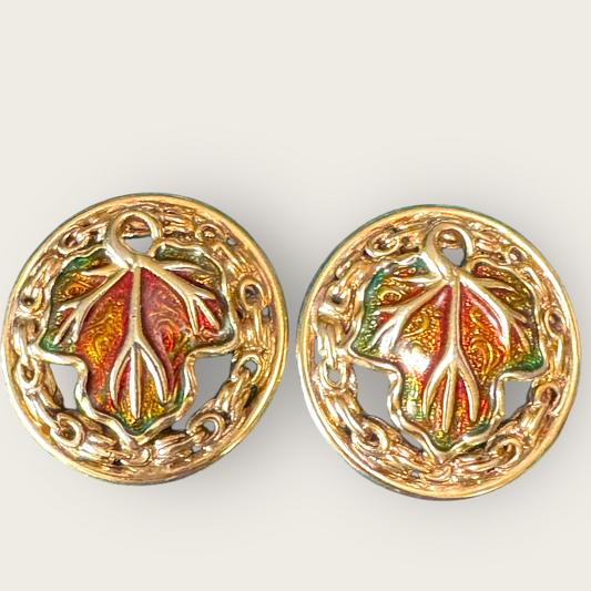 Vintage Enamel Leaf Motif Clip-On Earrings – Gold-Tone Statement Discs