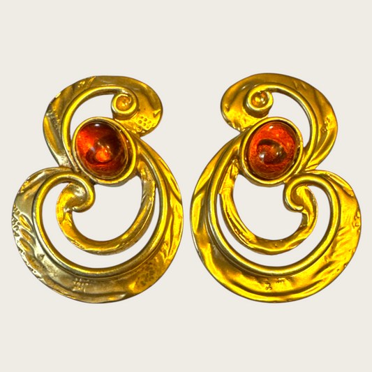Vintage Amber Lucite Cabochon Earrings – Gold-Tone Scroll Statement Design