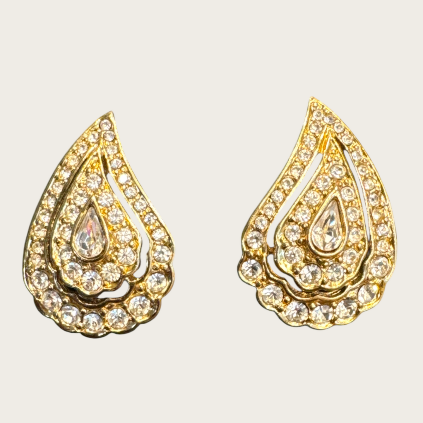 Vintage Trifari Rhinestone Teardrop Earrings – Signed Gold-Tone Post Backs