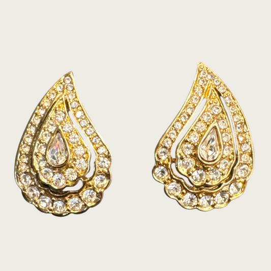 Vintage Trifari Rhinestone Teardrop Earrings – Signed Gold-Tone Post Backs