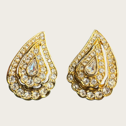 Vintage Trifari Rhinestone Teardrop Earrings – Signed Gold-Tone Post Backs