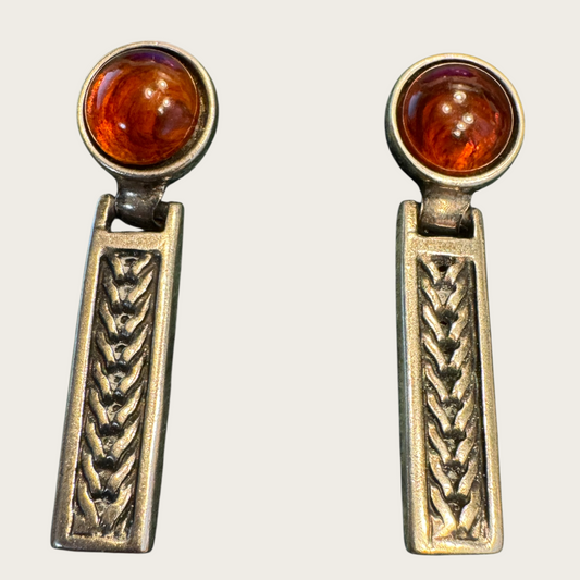 Vintage Ben-Amun Articulated Silver-Tone Earrings with Amber Lucite Cabochons