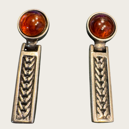 Vintage Ben-Amun Articulated Silver-Tone Earrings with Amber Lucite Cabochons