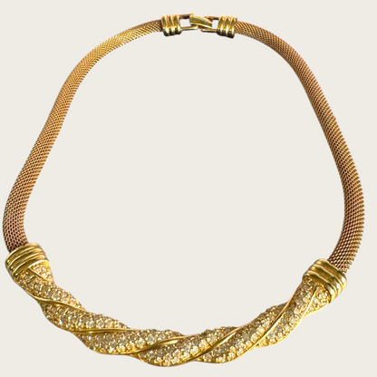Vintage Swarovski Mesh Choker Necklace – Gold-Tone with Twisted Pavé Crystal Bar, 1980s–1990s