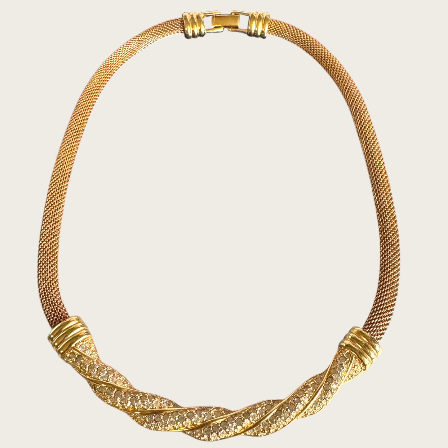 Vintage Swarovski Mesh Choker Necklace – Gold-Tone with Twisted Pavé Crystal Bar, 1980s–1990s