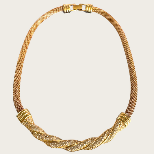Vintage Swarovski Mesh Choker Necklace – Gold-Tone with Twisted Pavé Crystal Bar, 1980s–1990s