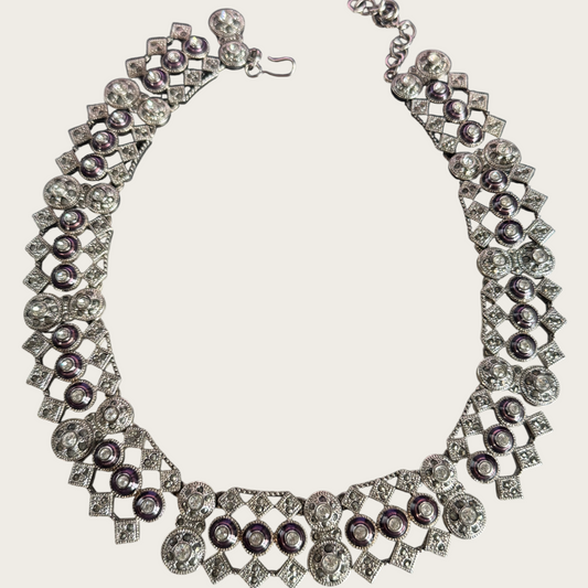 Rare Vintage Monet Platinum-Tone Collar Necklace – Articulated with Plum Enamel & Crystal Accents, Signed