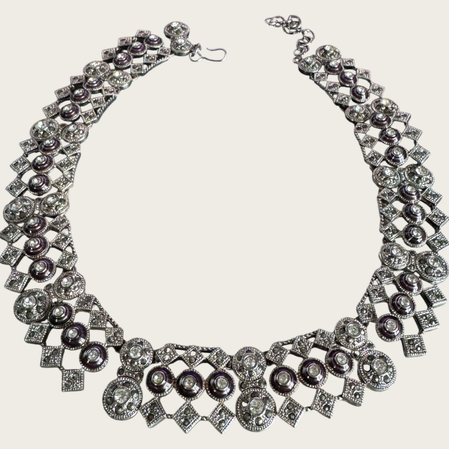 Rare Vintage Monet Platinum-Tone Collar Necklace – Articulated with Plum Enamel & Crystal Accents, Signed