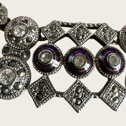 Rare Vintage Monet Platinum-Tone Collar Necklace – Articulated with Plum Enamel & Crystal Accents, Signed