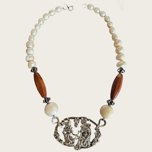 Vintage Taxco Mayan Revival Necklace – Signed Alpaca Silver Medallion with Quartz & Real Pearls