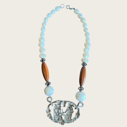 Vintage Taxco Mayan Revival Necklace – Signed Alpaca Silver Medallion with Quartz & Real Pearls