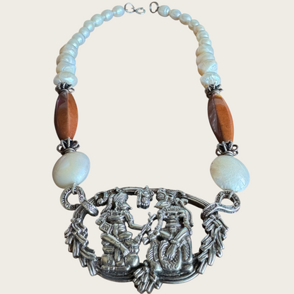 Vintage Taxco Mayan Revival Necklace – Signed Alpaca Silver Medallion with Quartz & Real Pearls