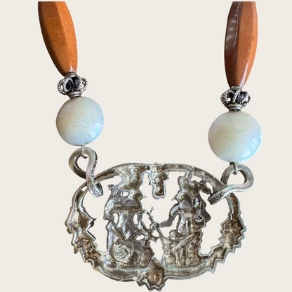 Vintage Taxco Mayan Revival Necklace – Signed Alpaca Silver Medallion with Quartz & Real Pearls