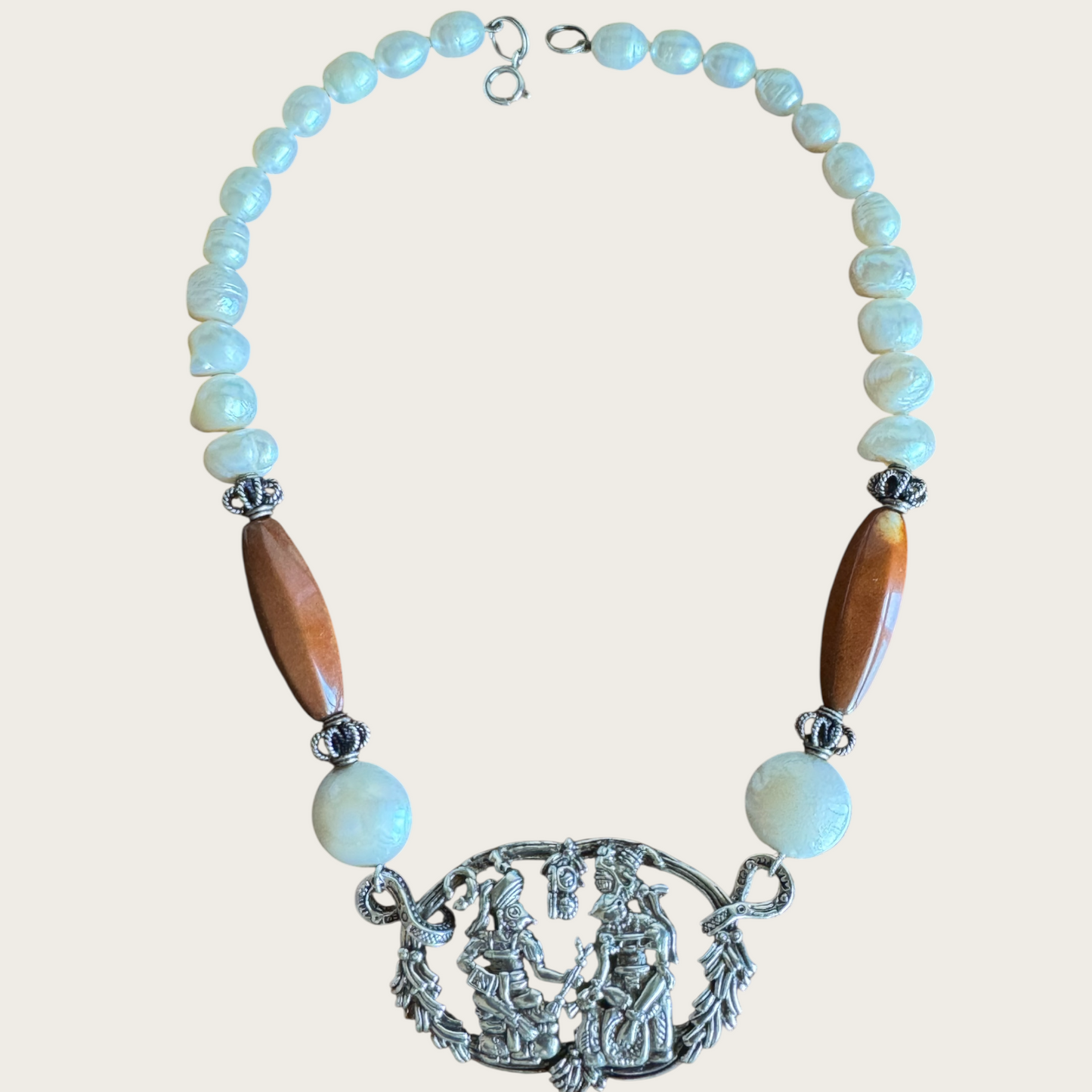 Vintage Taxco Mayan Revival Necklace – Signed Alpaca Silver Medallion with Quartz & Real Pearls