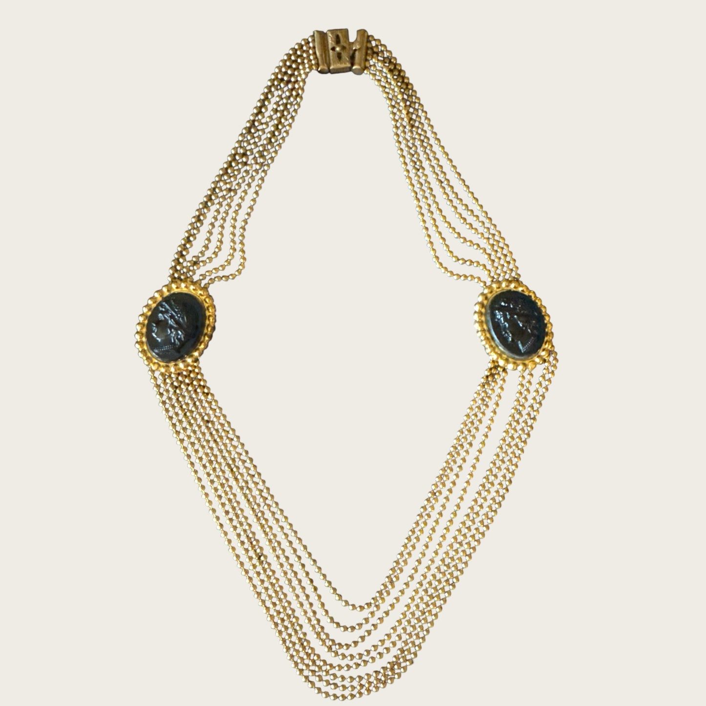 Vintage 1930s–1940s Multi-Strand Cameo Necklace – Gold-Tone Bead Chain with Black Celluloid Cameos & Patent Pending Clasp
