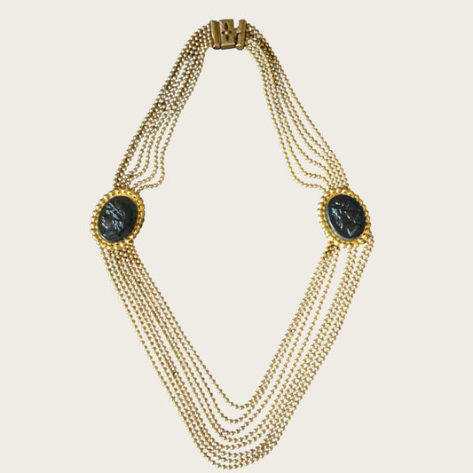 Vintage 1930s–1940s Multi-Strand Cameo Necklace – Gold-Tone Bead Chain with Black Celluloid Cameos & Patent Pending Clasp