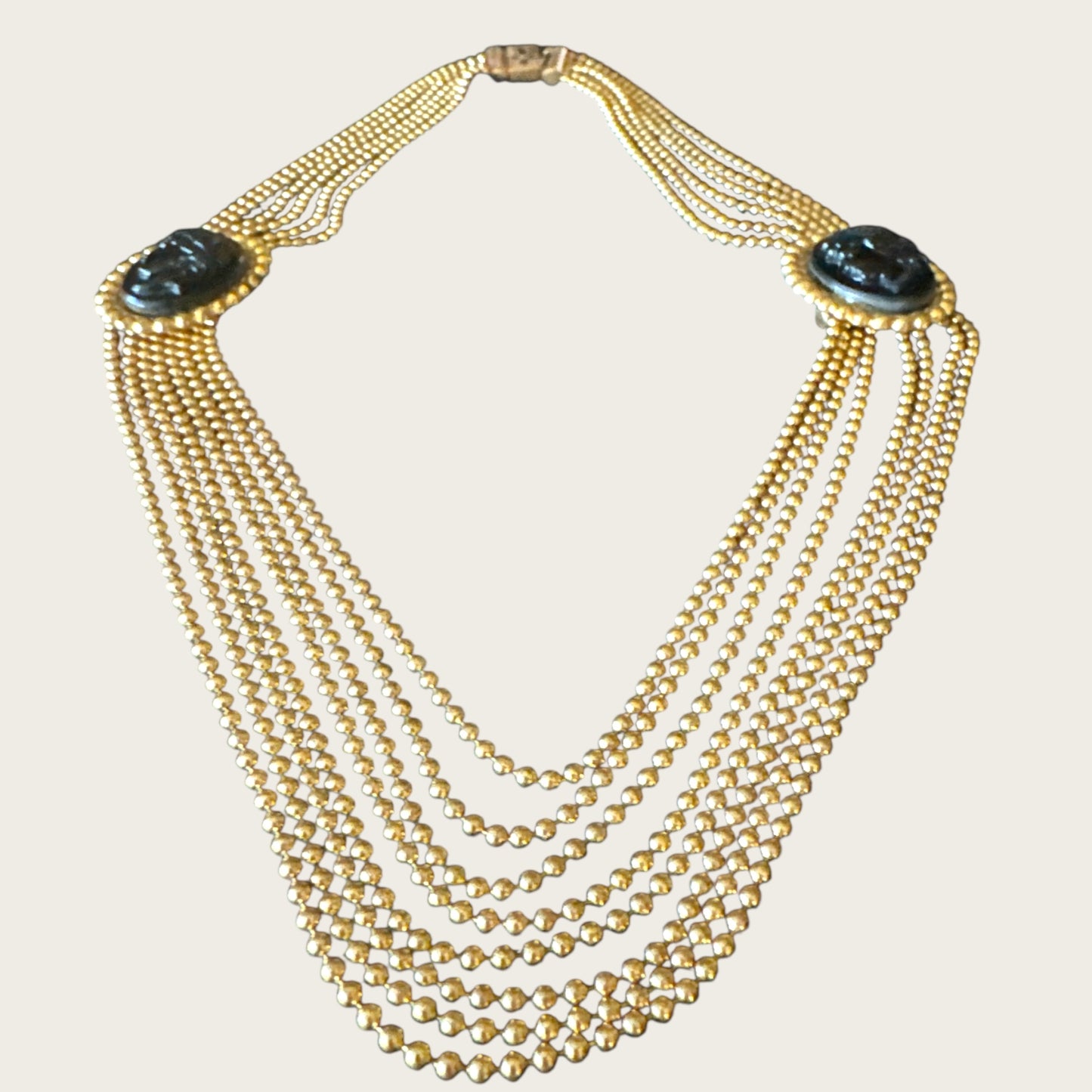 Vintage 1930s–1940s Multi-Strand Cameo Necklace – Gold-Tone Bead Chain with Black Celluloid Cameos & Patent Pending Clasp
