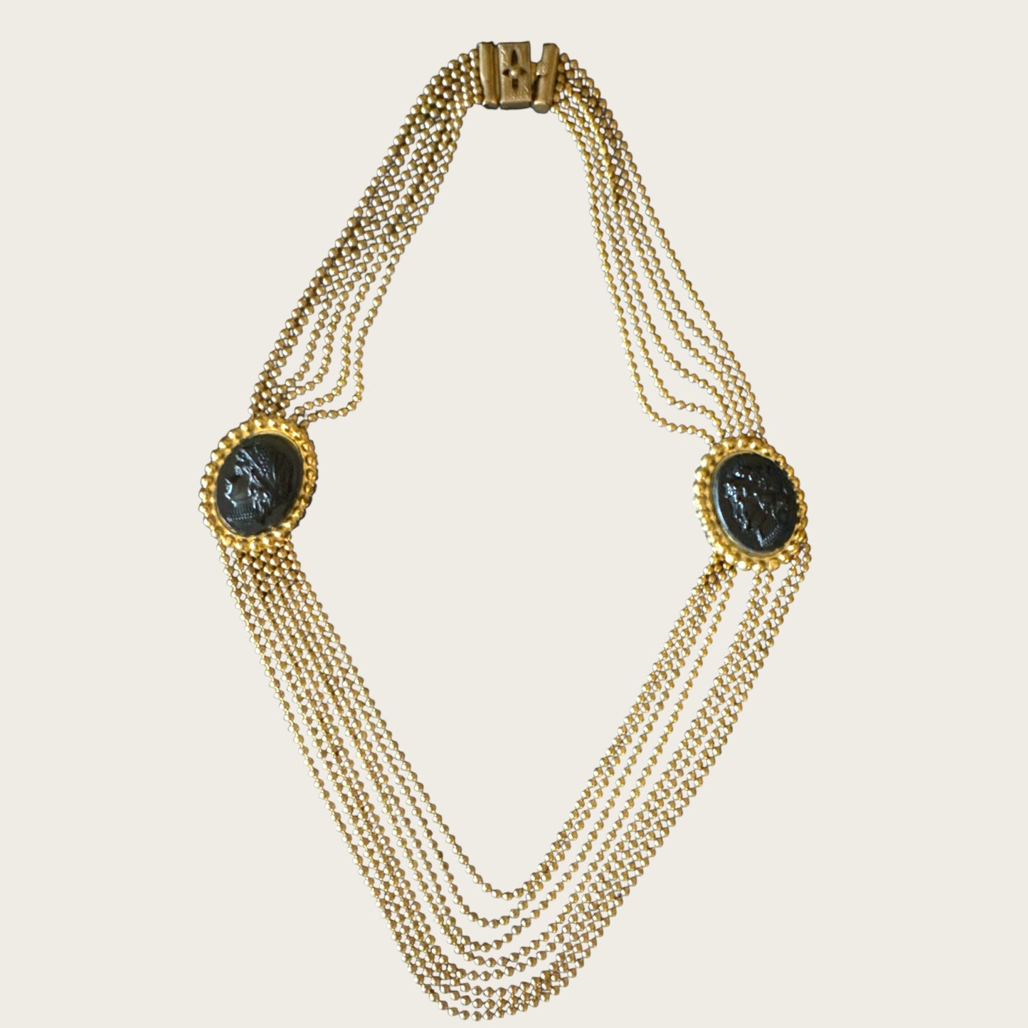 Vintage 1930s–1940s Multi-Strand Cameo Necklace – Gold-Tone Bead Chain with Black Celluloid Cameos & Patent Pending Clasp