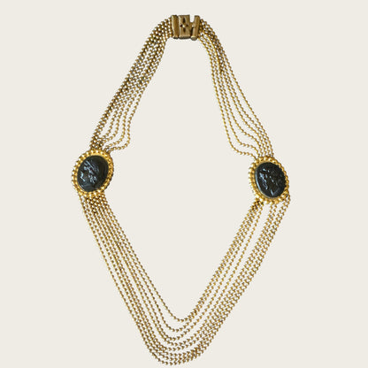 Vintage 1930s–1940s Multi-Strand Cameo Necklace – Gold-Tone Bead Chain with Black Celluloid Cameos & Patent Pending Clasp